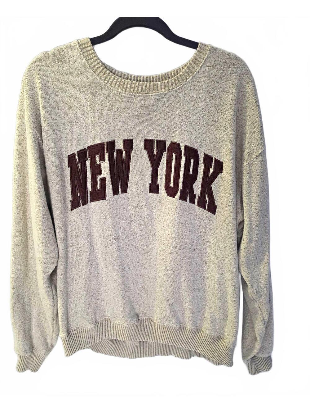 New York Popular Women's XL Beige Crewneck Knit Pullover Sweater Embroidered
